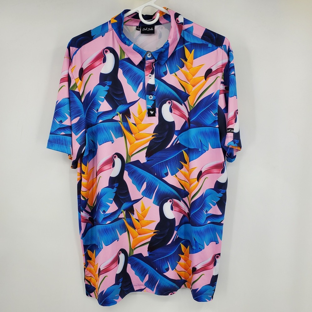 Bad Birdie Mens Toucan Tropical Golf Polo Shirt Pink Blue Floral Large Preppy